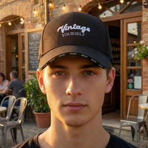 Classic black cotton baseball cap with Vintage YOURSELF embroidery and long visor sun protection