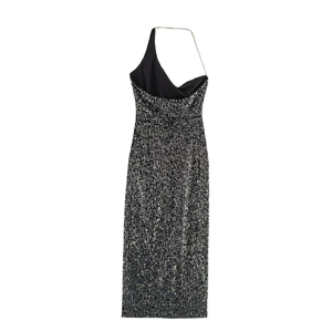 Sparkling black and silver sequin halter neck maxi dress with elegant metal chain detail