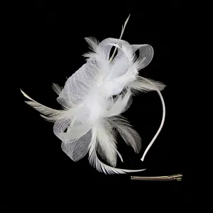 Elegant white feather bow hairband set with mesh and metal hair clip for party events