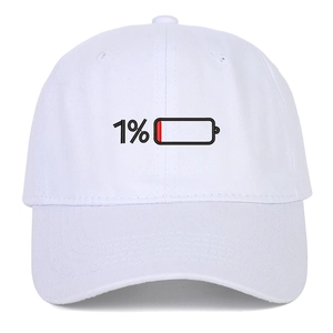 Detailed close-up of white cotton baseball cap with black 1% battery embroidery