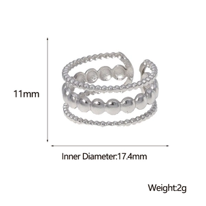 Bague multicouche réglable en acier inoxydable argenté avec dimensions détaillées incluses