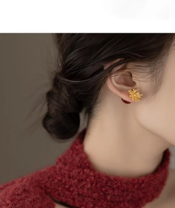 Close-up of elegant gold fireworks stud earrings with zircons on model ear