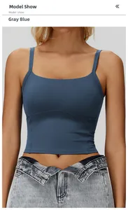 Vista frontale di un reggiseno sportivo grigio blu con scollo quadrato e spalline sottili