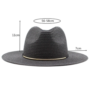 Detail of black straw fedora hat with gold decorative band and texture dimensions