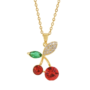 Elegant gold cherry pendant necklace with vibrant red and green zircons on a white background