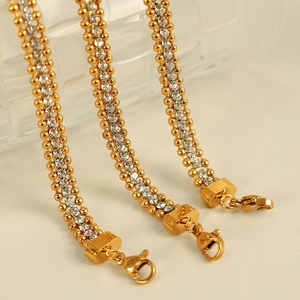 Three-layer 18K gold plated stainless steel bracelets with white zircon and bead edges