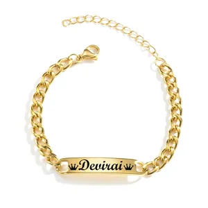 Stainless Steel ID Curb Chain Bracelet High Polished Rectangular Bar Adjustable Minimalist Punk Jewelry Men Women