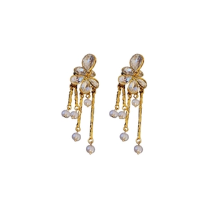Vintage gold flower earrings with sparkling crystals and elegant white pearl tassels