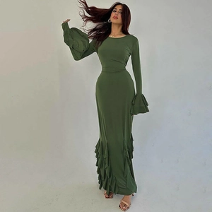 Robe Longue Femme Manches Longues Polyester Élasthanne Manches Évasées Ourlet Sirène À Volants Lacets Col Rond Élégante Fête