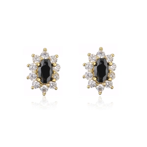 Exquisite 18K gold plated stud earrings with black oval stone and zircon halo