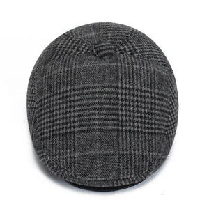 Classic grey checkered outdoor flat cap with warm ear flaps for middle-aged and elderly men