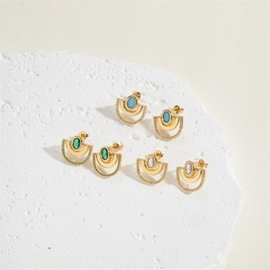 14K gold plated bamboo evil eye stud earrings with colorful zircon stones on stone background