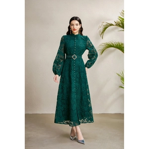 Elegant dark green lace maxi dress with stand collar, lantern sleeves and matching belt