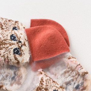 Sheer breathable mesh socks with brown cat pattern and reinforced red cotton heel