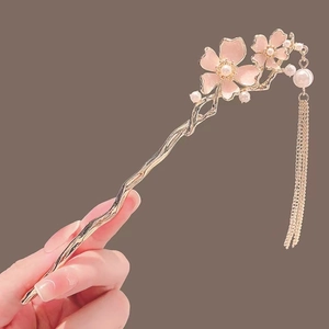 Pic À Cheveux Traditionnel Chinois Style Fleur Alliage Rose Fleur De Cerisier Long Gland Imitation Künstliche Perle Hanfu Accessoire