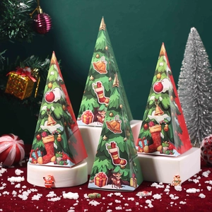 Christmas tree shaped candy gift boxes with festive reindeer and bell illustrations