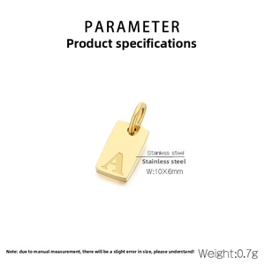 Macro shot of 10x6mm golden stainless steel letter A pendant with sizing specifications