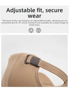 Detail of adjustable metal buckle and strap on khaki cotton baseball cap for a secure fit