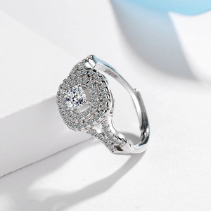 Elegant silver sparkling zircon ring with multi-layered stones and adjustable open band