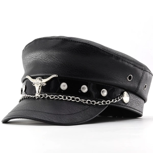 Retro PU leather sailor hat with silver bull head emblem, chain and rivet details