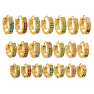 Minimalist C-shaped gold-plated hoop earrings with multi-color zircon inlay in three sizes