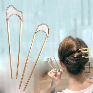 Japanese style gold U-shaped hair pins with iridescent shell inlay for bun hairstyles