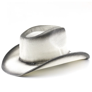 Detail of western straw cowboy hat with distressed gray gradient brim and sun protection
