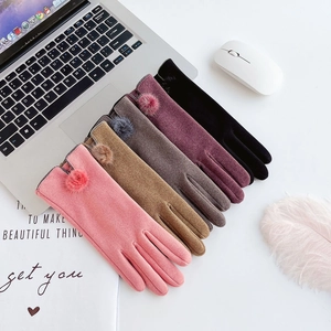 Five colors of touch screen fleece winter gloves for women with decorative fur balls
