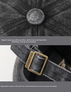 Detail of grey vintage baseball cap showing durable stitching and adjustable metal buckle
