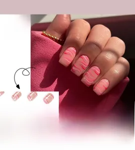 Detailed view of pink wavy line pattern on short square press-on nails set style JP1954