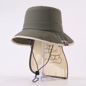 Kids army green sun hat with cartoon bear neck flap and adjustable windproof strap