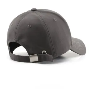 Detail view of dark grey cotton baseball cap showing adjustable silver metal buckle at back