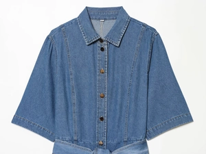 Details des blauen Jeanskleides mit Reverskragen, kurzen Ärmeln und Metallknöpfen