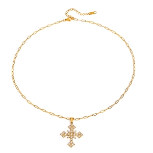 18k gold plated stainless steel cross pendant necklace with white zircon crystals on white background