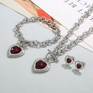 Silver OT clasp heart jewelry set with deep red crystals including necklace and bracelet