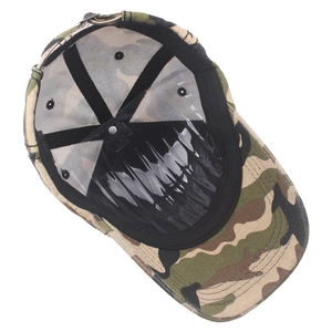 Detailed interior of 100% cotton camo baseball cap with sweatband and reinforcement