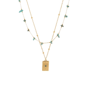 Double-layer stainless steel necklace with turquoise beads and evil eye pendant charm