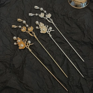 Metal Flower Hair Stick Chinese Retro Style Artificial Pearl Tassel Hair Fork Hair Accessory For Hanfu Qipao Elegant Women