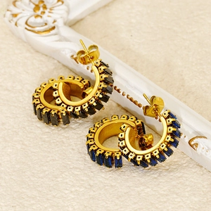 French vintage gold C-shape hoop earrings with blue and black zircon crystals
