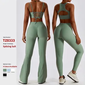 Ensemble de Yoga Nervuré Femme Pantalon Évasé Taille Haute Avec Brassière de Sport Dos Croisé Top And Bottom Fitness Gym Suit