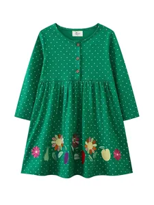 Girls long sleeve dark green polka dot dress with floral fruit embroidery details