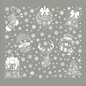 Stickers de Noël blancs avec Père Noël, rennes et flocons sur fond gris minimaliste