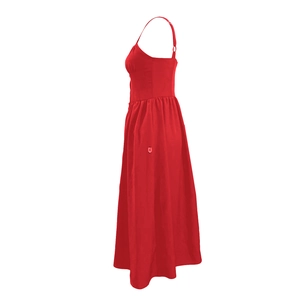 Élégante robe longue rouge sans manches avec finition brillante vue de profil gauche