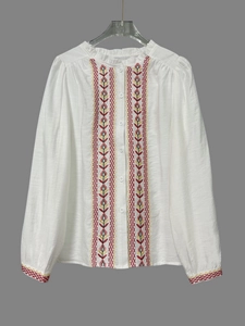 Witte katoenen linnen blouse met bloemenborduursels en lantaarnmouwen voor dames