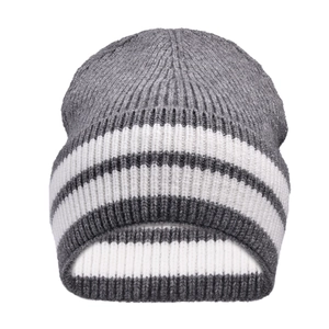 Detailed view of the thick striped wool knit beanie showing ribbed texture and soft fabric