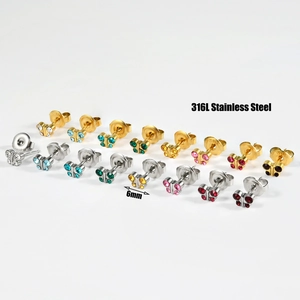 316L stainless steel butterfly stud earrings with colorful zircon stones in a grid display