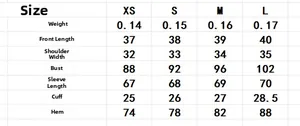 Size guide table for women's lace blouse with detailed measurements and weights per size