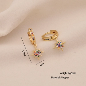 Detail of gold star earrings with colorful zircon stones including size and material data