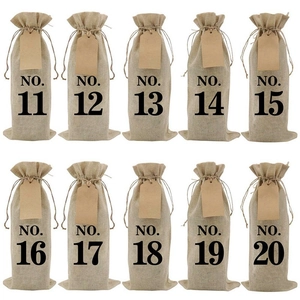 Set of linen wine gift bags with drawstrings, numbered tags from eleven to twenty