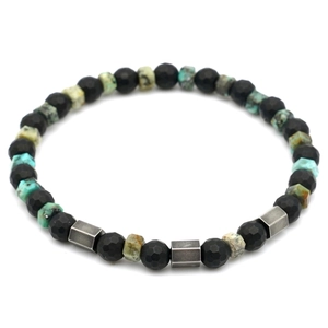 Men's natural tiger eye and agate beaded bracelet with hexagonal metal spacers